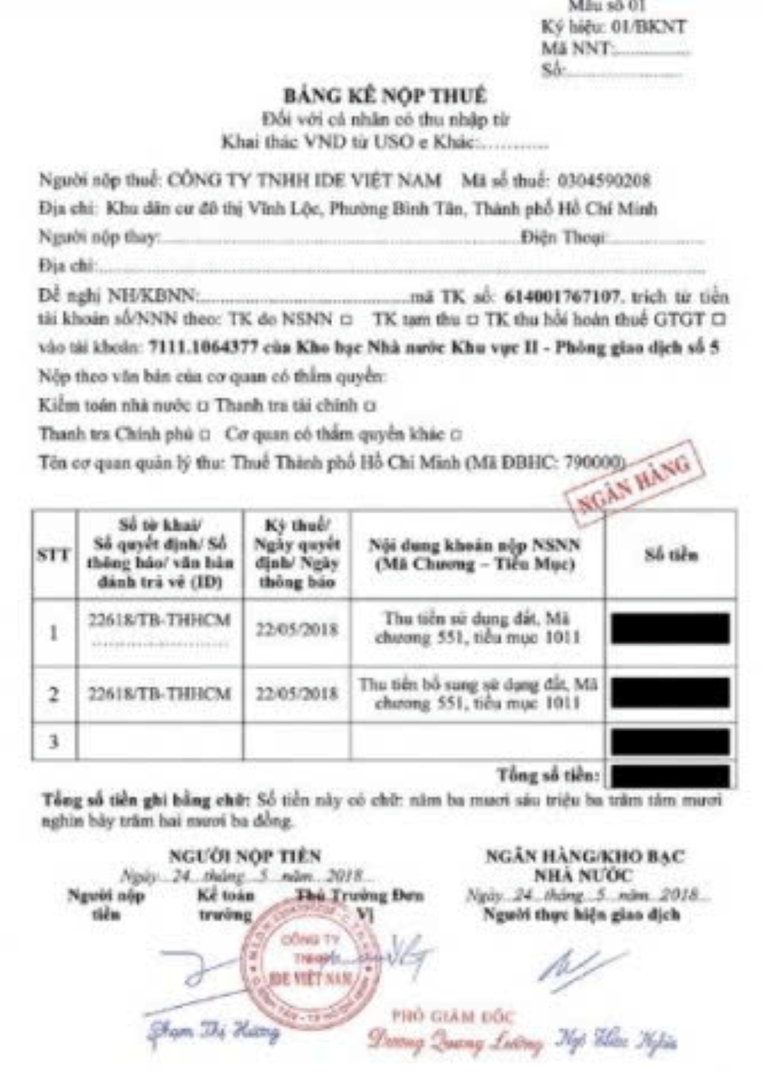 Chứng từ hoàn thành nghĩa vụ nộp tiền sử dụng đất vào ngân sách nhà nước của dự án