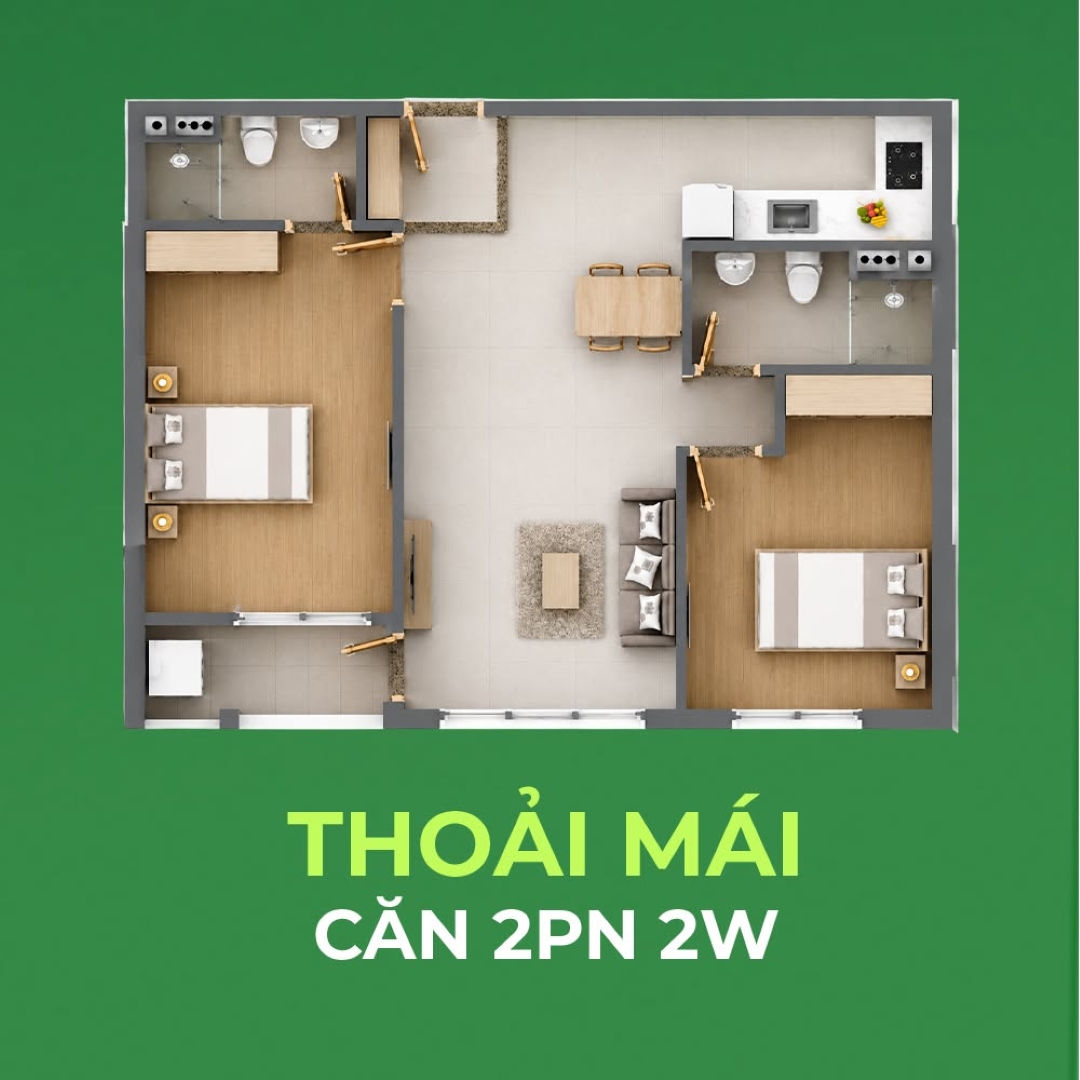 Mặt bằng chi tiết căn hộ Solena Green Town 2 phòng ngủ 2WC rộng rãi
